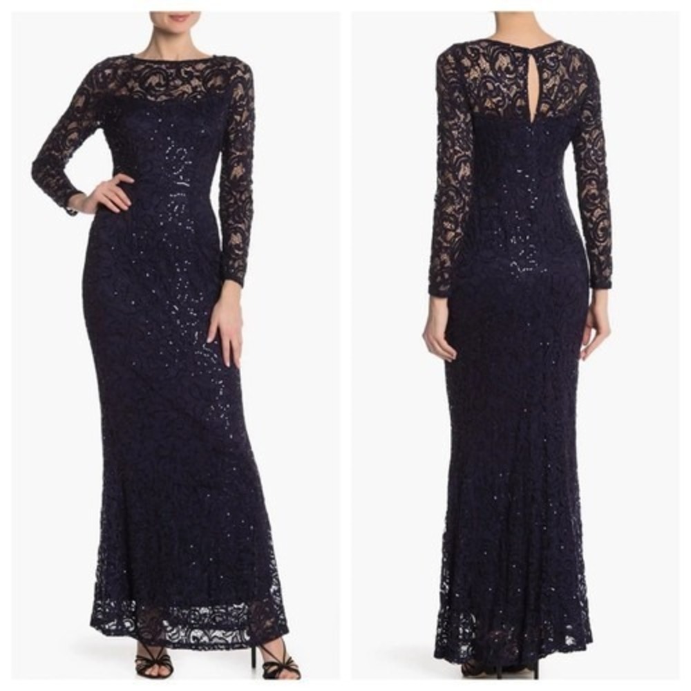 Marina Gown Dress Womens 14 Navy Blue Stretch Lace Sequin Sheath Keyhole MOB